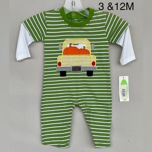 Boy's Green & White Striped Pumpkin Truck Long Sleeve Thanksgiving 3&12M Romper